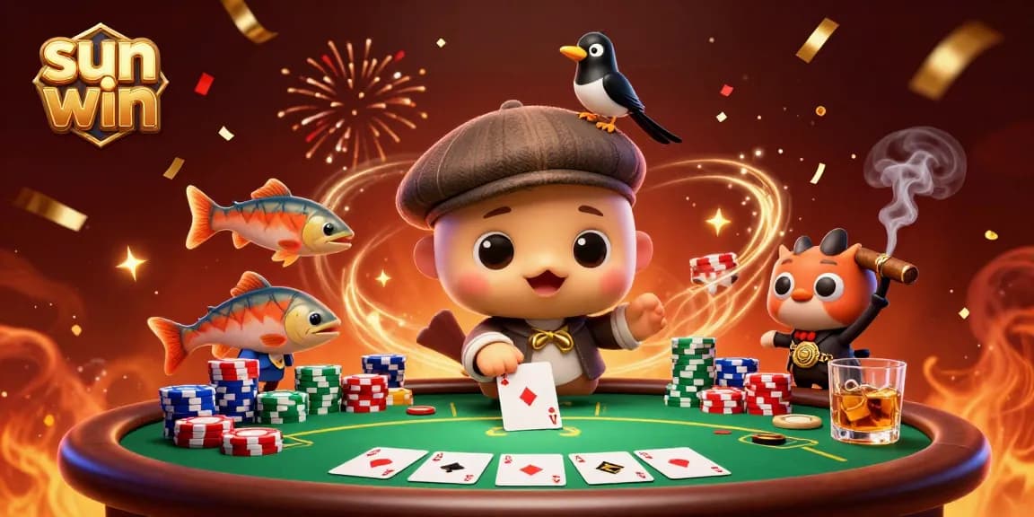 Engage with sun win's vibrant 3D casino scene featuring baby Nessie, poker elements, and festive confetti.
