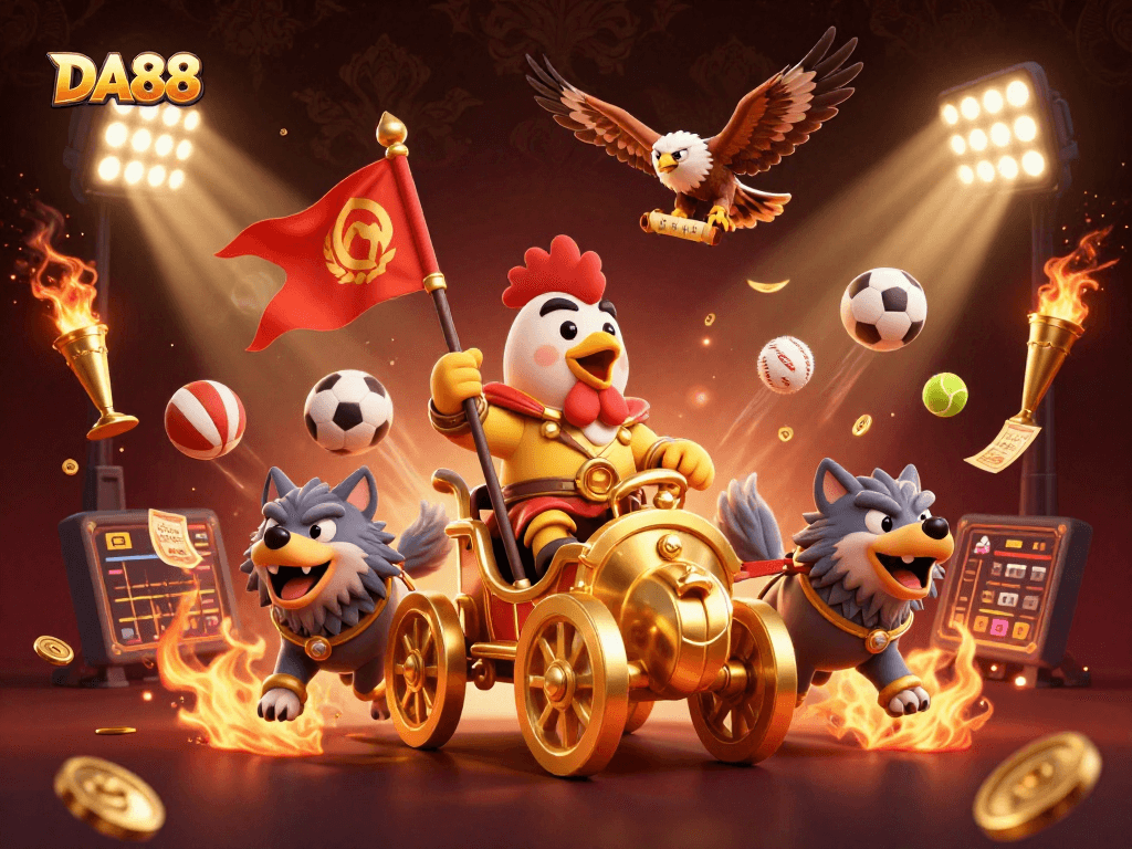 DA88 casino illustration featuring a dynamic rooster warlord in a golden chariot with sports elements.