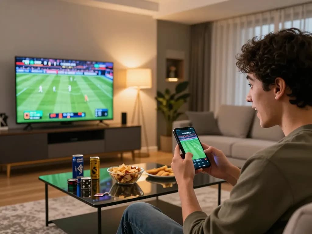 Excited bettor placing live sports bets on smartphone while watching game, rr88 gratis atmosphere visible
