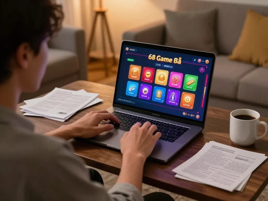 Engaging gameplay experience on 68 Game Bài's online platform featuring a laptop setup, highlighting a vibrant virtual casino.