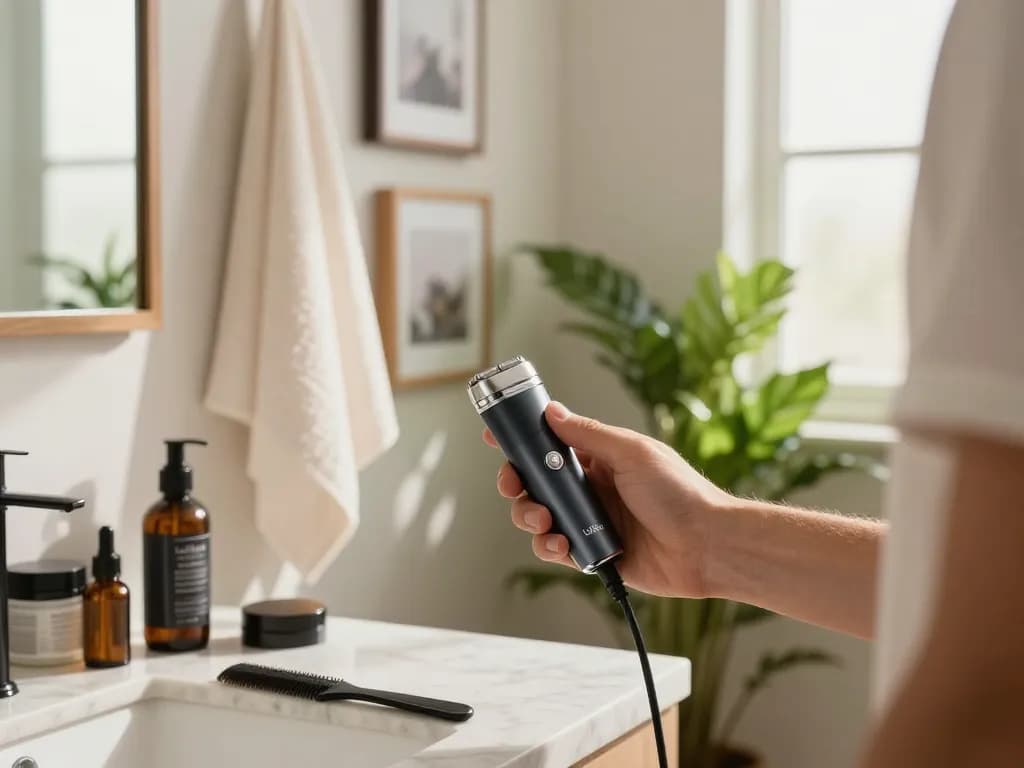 Grooming essentials including a Laifen shaver in a modern bathroom setting.