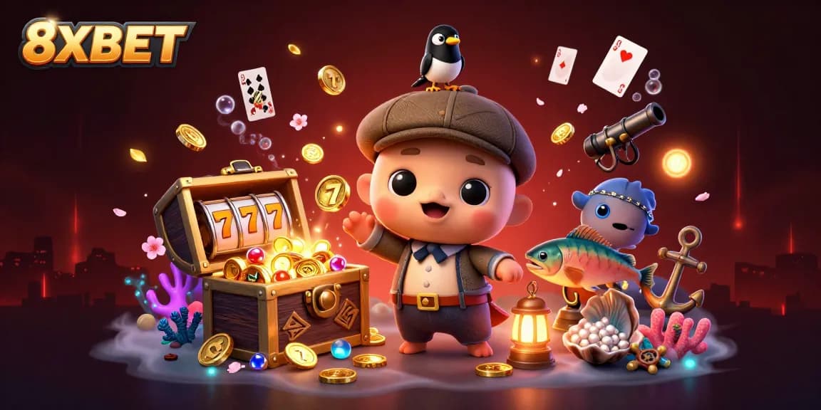 Experience adventure with 8XBET's vibrant underwater casino theme featuring gold treasures and playful characters.