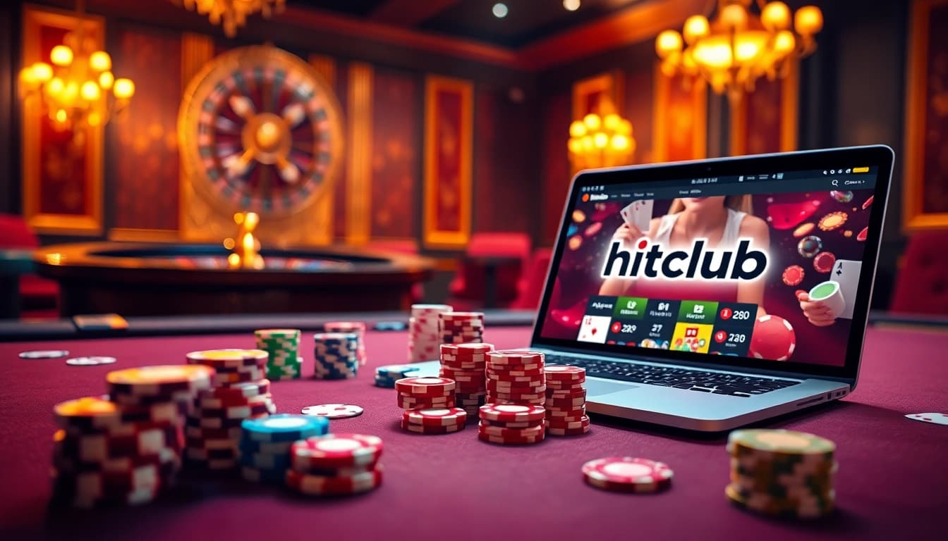 Tải hitclub with vibrant poker game setup and online gambling interface in a luxurious casino scene.