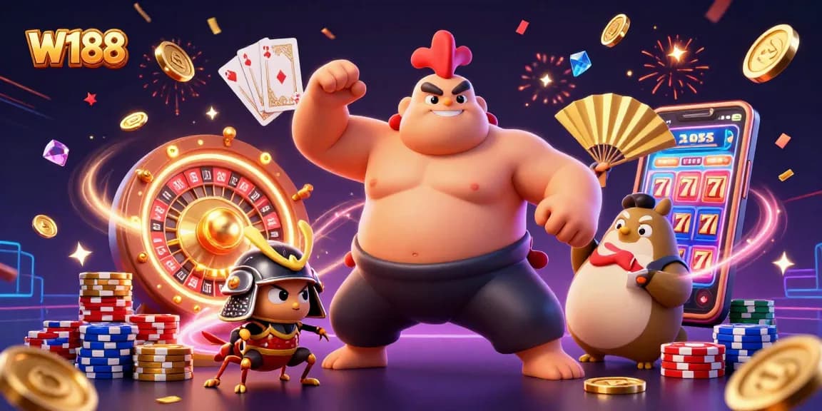 Experience thrilling gameplay with W188, featuring colorful casino elements and dynamic characters in action.