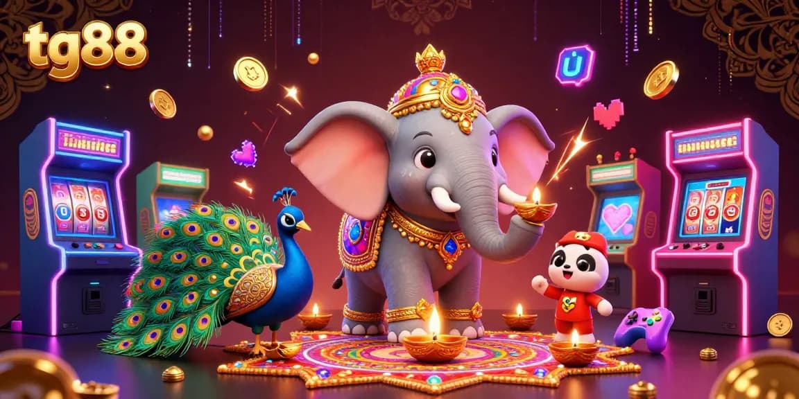 Engage with tg88's vibrant gaming excitement featuring a Diwali elephant and casino elements.