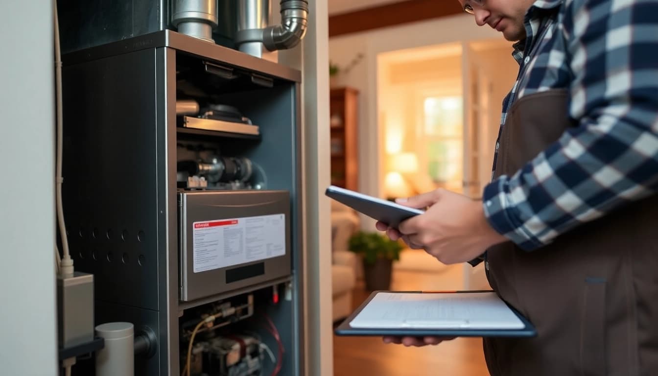 Technician performing heating repair north vancouver in a cozy residential setting.
