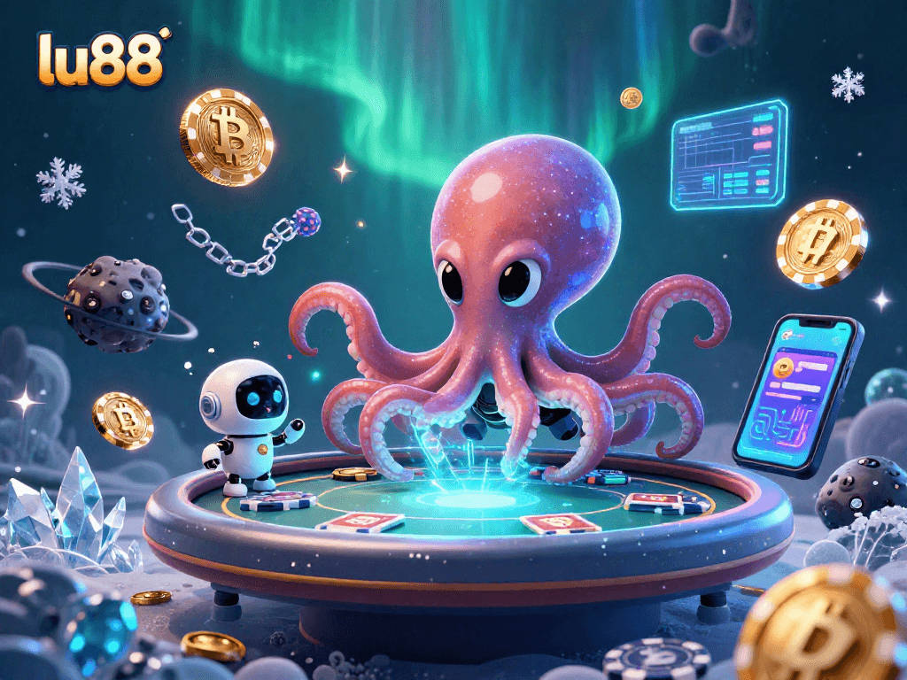 Engaging lu88 poker action with an octopus dealer and immersive crypto-themed visuals.