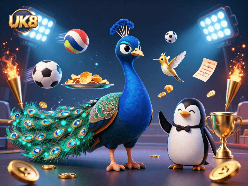 Engage with UK88's thrilling sports betting atmosphere featuring vibrant characters and dynamic elements.