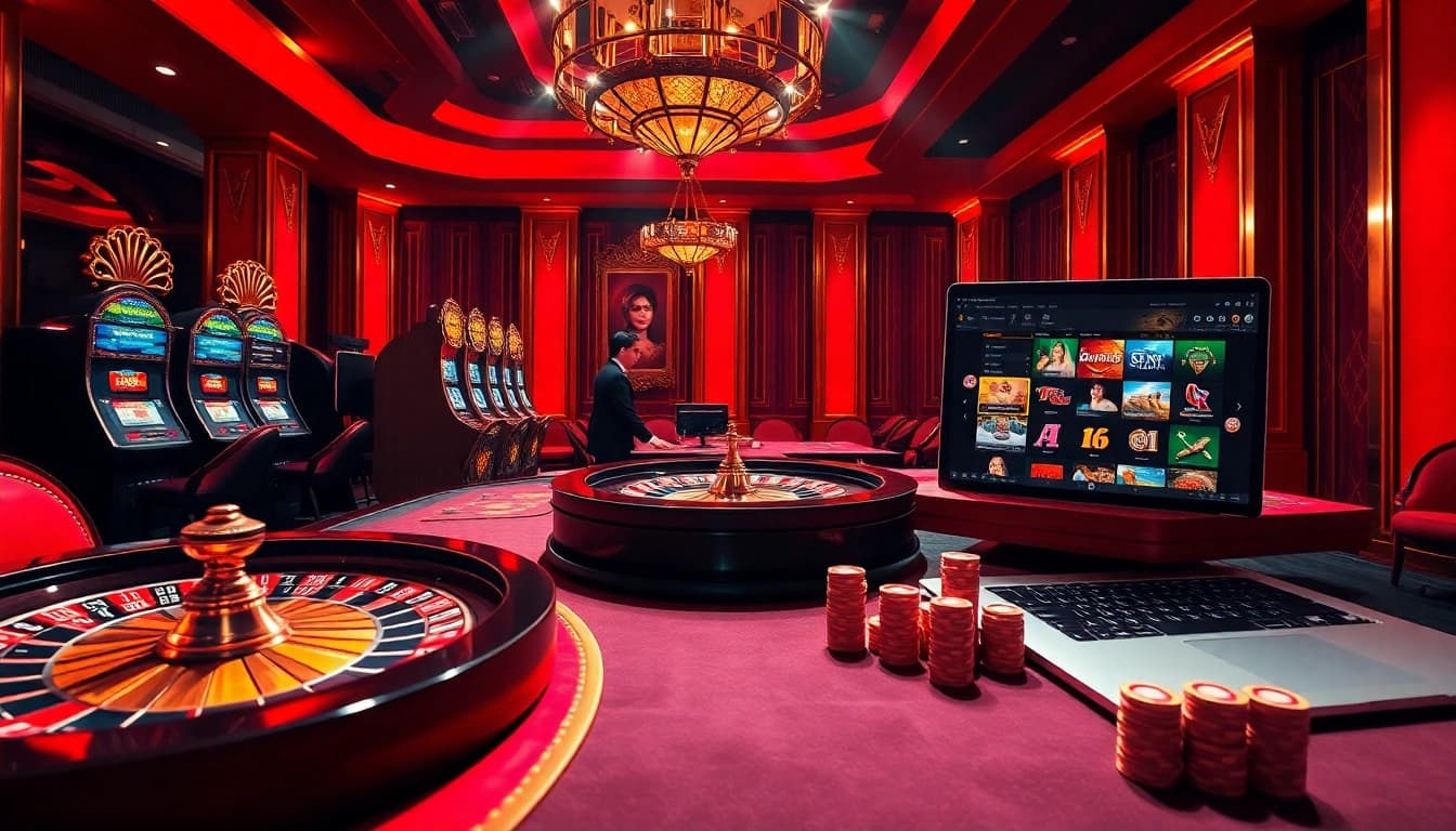 Exciting casino experience showcasing vin88 uy tín with roulette, poker chips, and online gaming atmosphere.