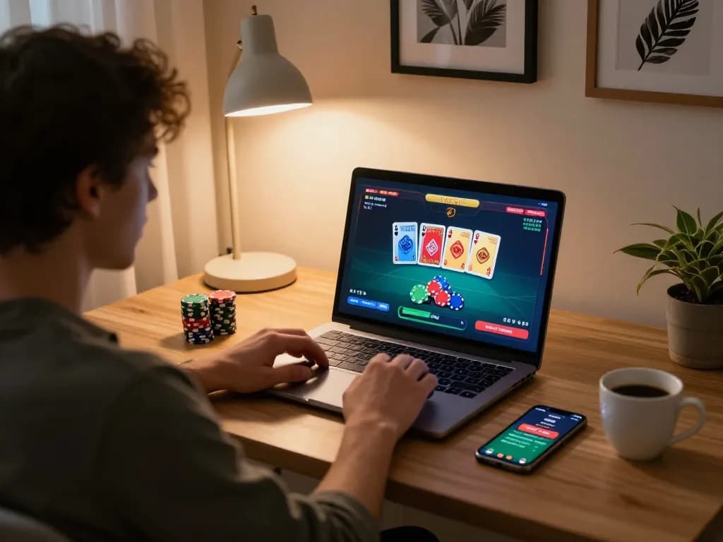 Engaging in online poker at home using https://9bet9.in.net on a laptop, showcasing responsible gambling