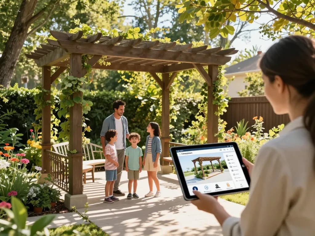 Experience the 3D Pergola Configurator in a vibrant garden setting with families interacting under a stylish pergola.