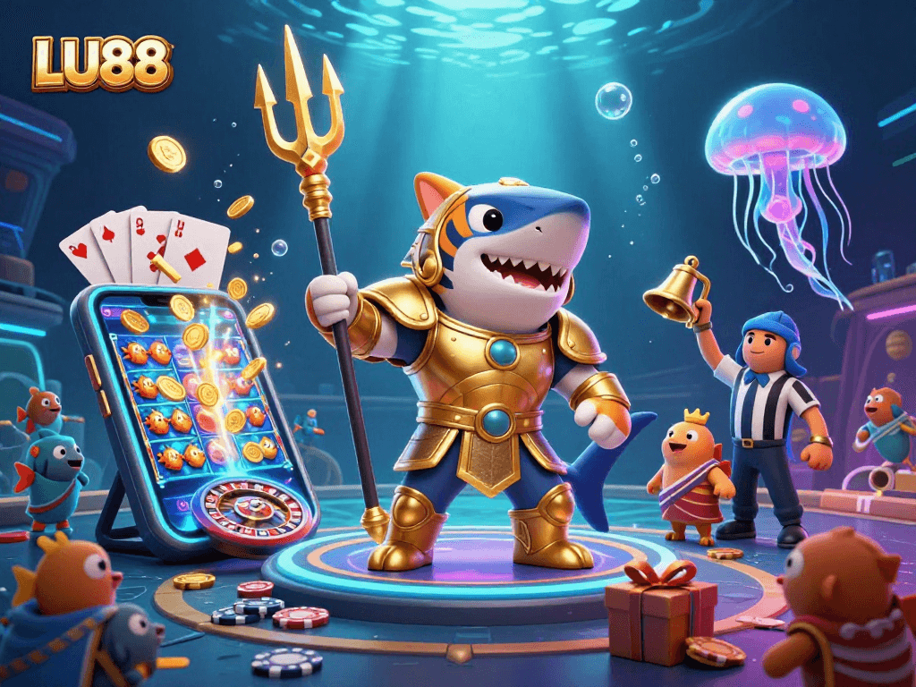 Experience LU88 thrills with a 3D cartoon tiger shark in a vibrant underwater casino scene.