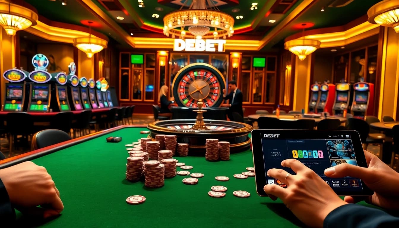 Players enjoying high-stakes poker and roulette at a vibrant DEBET casino.