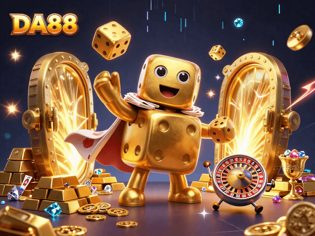 DA88 showcases a vibrant 3D cartoon casino scene with dynamic characters and golden treasures.