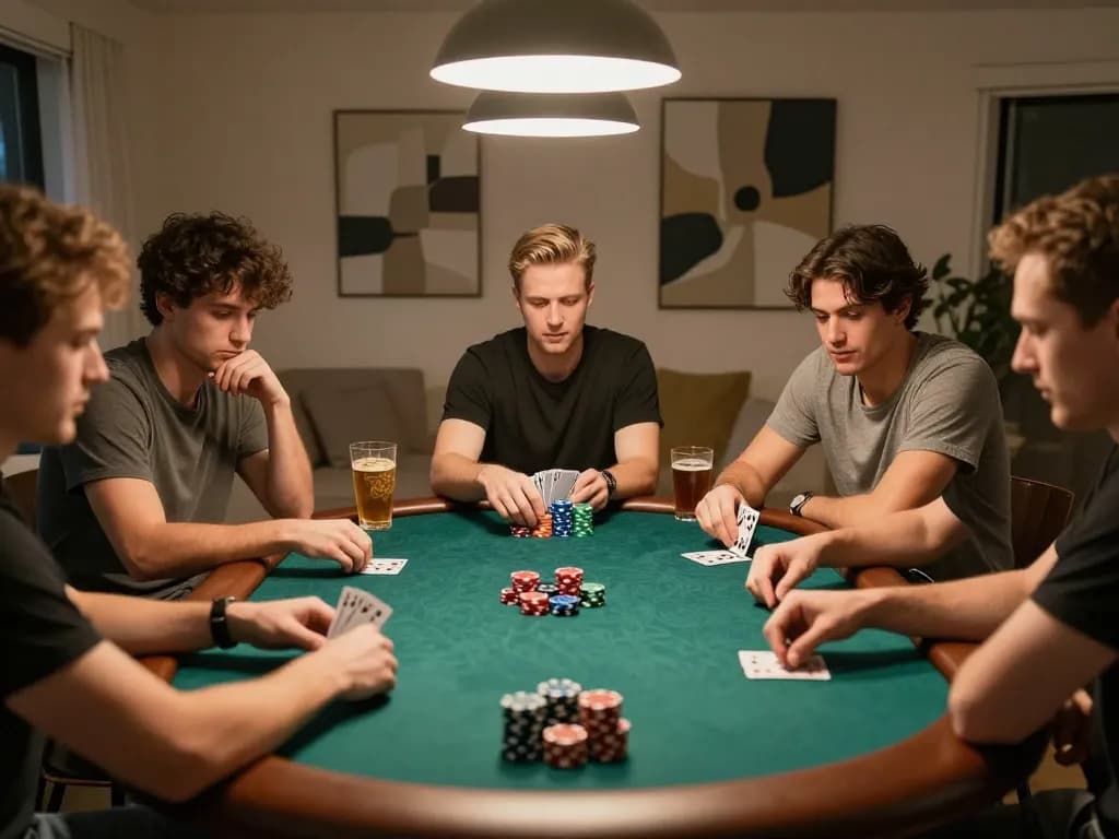 LC88 players enjoying an engaging home poker night, strategic card gameplay visible, inviting atmosphere.