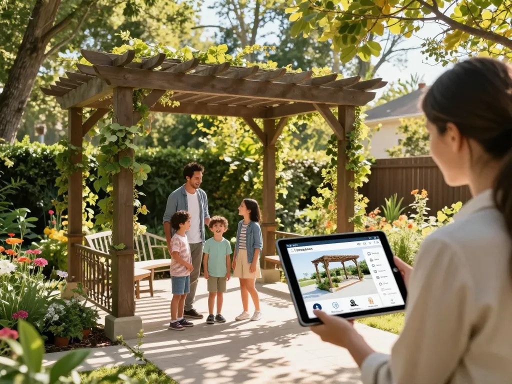 Experience the 3D Pergola Configurator in a vibrant garden setting with families interacting under a stylish pergola.