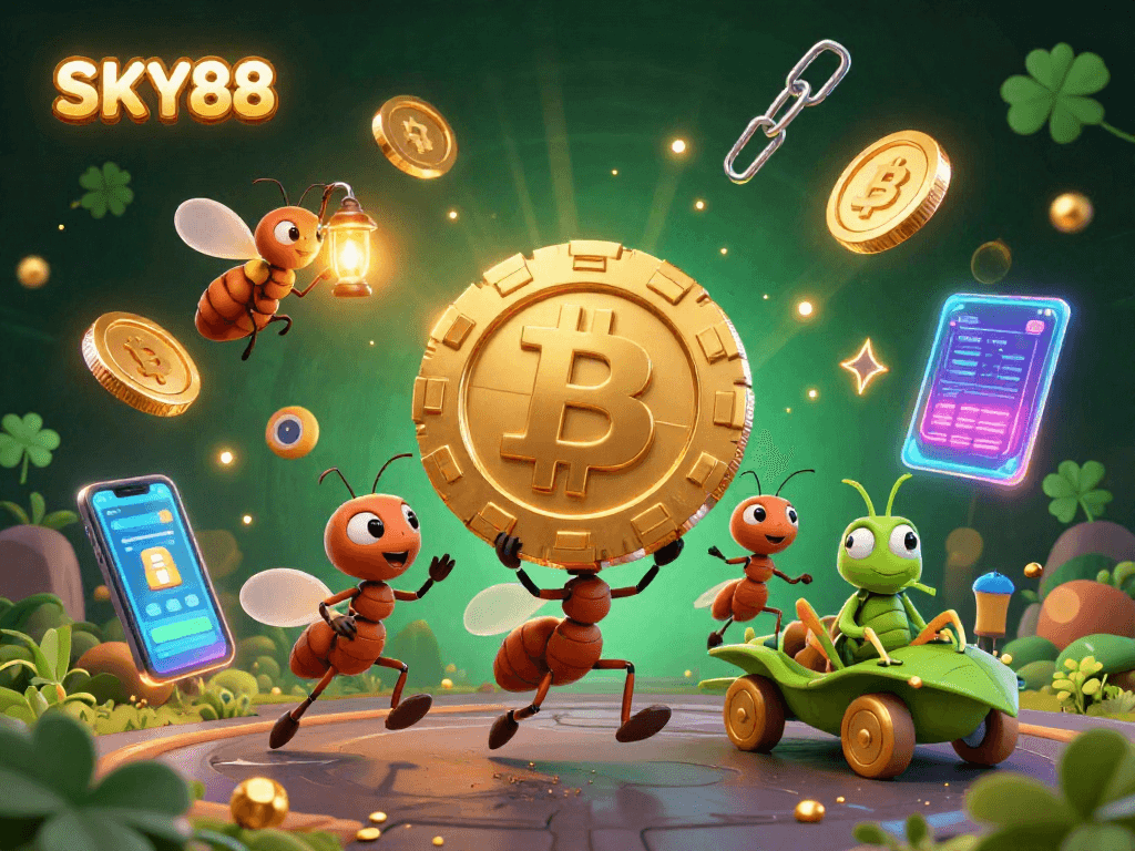 Experience a thrilling heist with SKY88's cartoon ants carrying a golden poker chip in a dynamic casino scene.