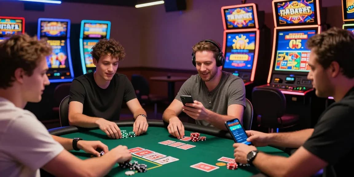 Explore gambleonline through friends enjoying poker and sports betting in a vibrant Canadian online casino setting.