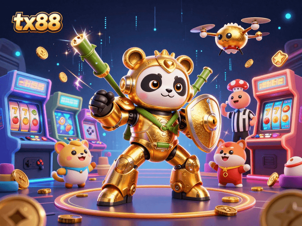 tx88 game night features a golden panda hero engaging in thrilling slot action amidst arcade excitement.