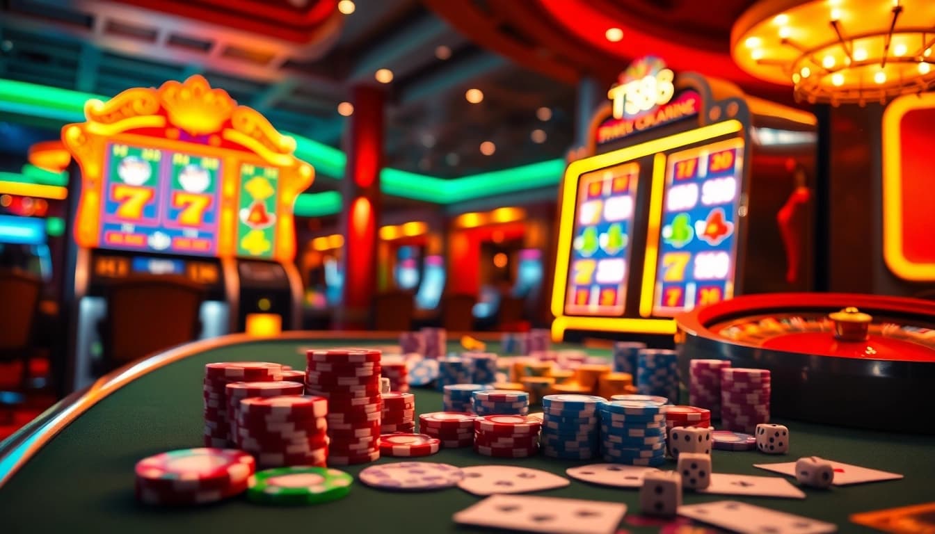 Experience thrilling poker action at TT88 with vibrant chips, illuminated cards, and slot machines.