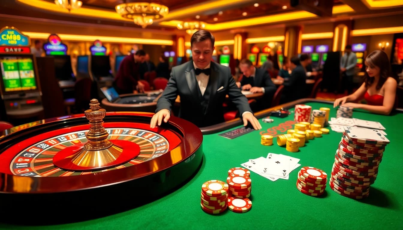 Engaging scene of a roulette table highlighting CM88 with professional dealers and eager players.
