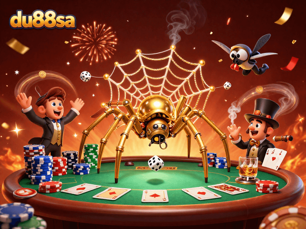 Experience thrilling casino action in du88sa with a golden spider catching dice in a web of chance.