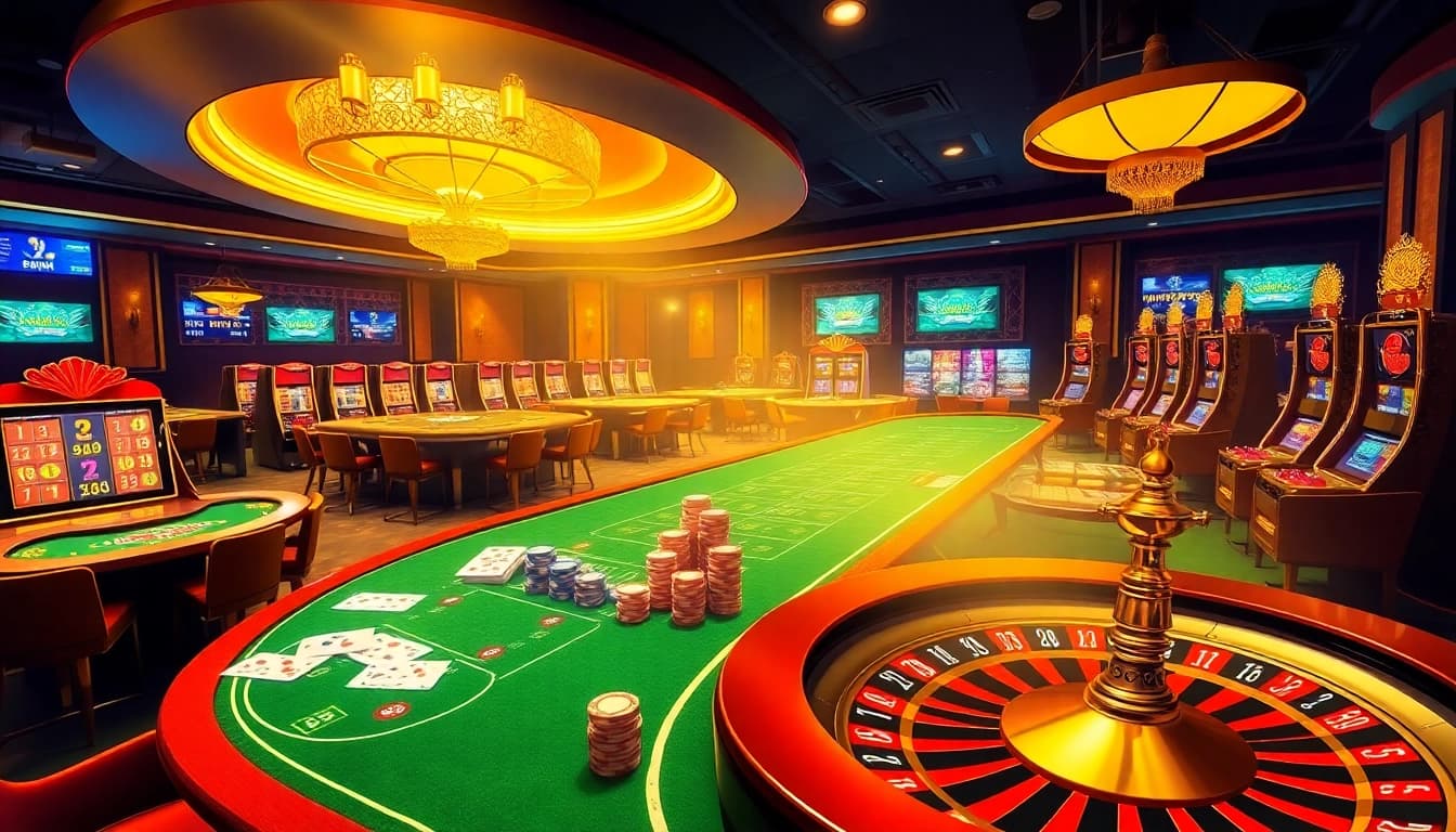 Experience the excitement of Trang chủ Lucky88 with a vibrant casino scene showcasing engaging slot machines and betting tables.
