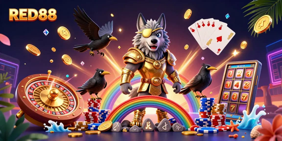 Engage with RED88 in a vibrant casino world featuring an Odin wolf and dynamic gaming elements.