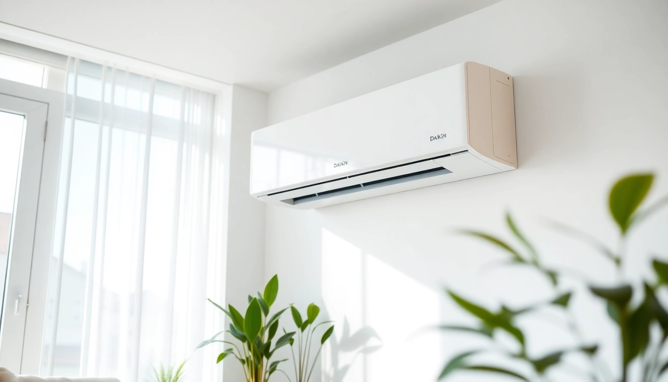 Install a Daikin mini split AC in a stylish living room, showcasing modern design and comfort.