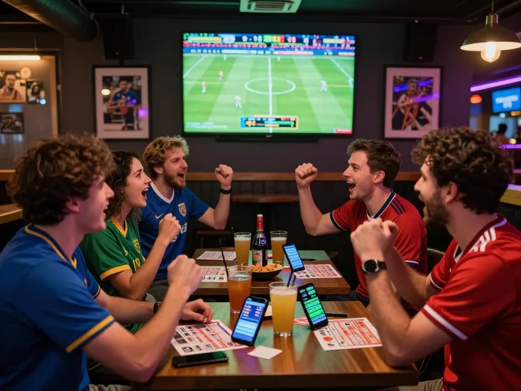 Friends enjoying the Fa bet experience at a lively sports bar during a football match.