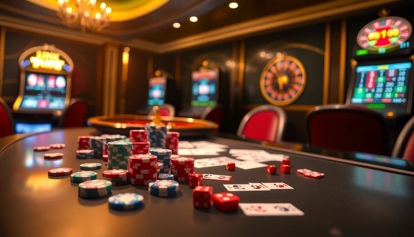 Engaging gamblers at a dynamic casino scene highlighting link cm88 with vibrant poker chips and digital interfaces.