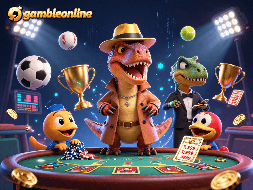 Gambleonline showcases a velociraptor card counter, with a pit boss and a pickpocket at a lively gambling scene.