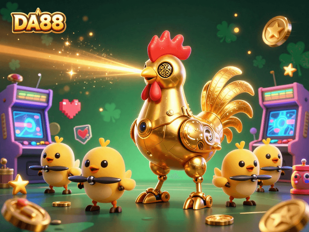Engage with DA88's vibrant 3D casino scene featuring a golden rooster robot and mini chick drones.