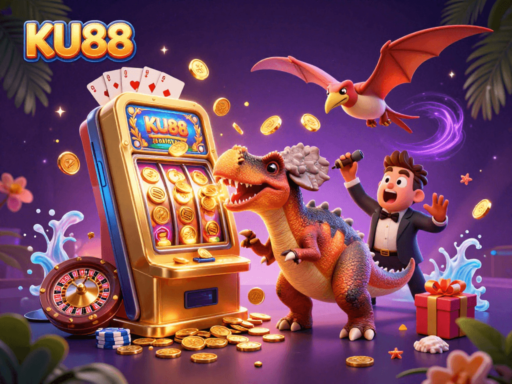 KU88 showcases a lively scene with a pachycephalosaurus jackpot win at an animated casino
