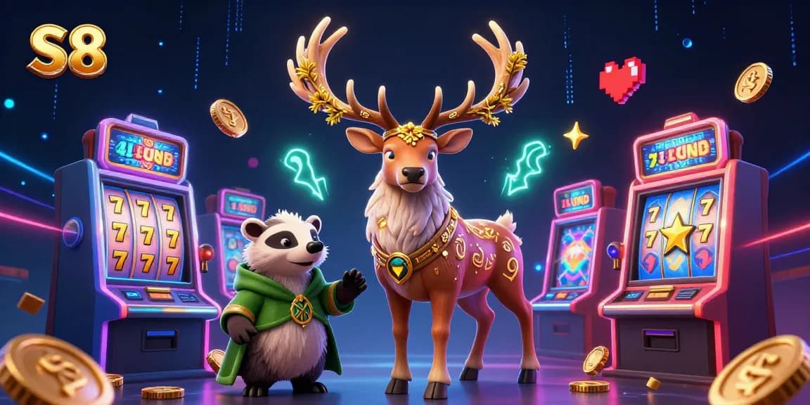S8's vibrant casino scene with a Celtic stag, slot machines, and glowing coins, emphasizing gaming excitement.