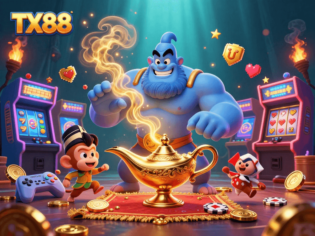 Engage with TX88's vibrant 3D gaming scene featuring a genie, monkey, and casino elements.