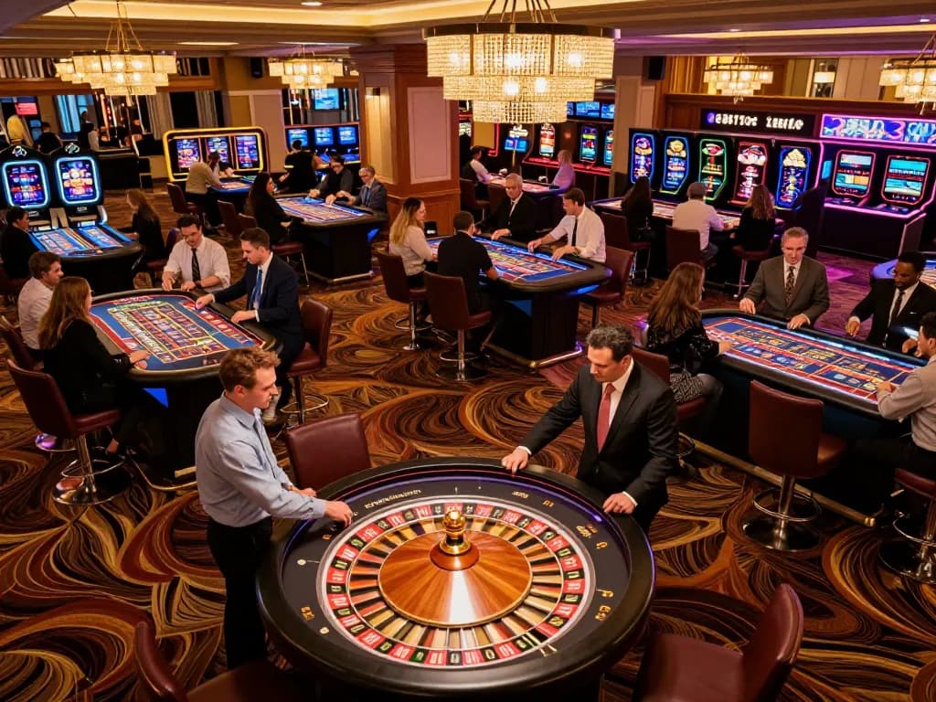 Sky88 uy tín gaming players placing bets at roulette tables in an upscale casino environment.