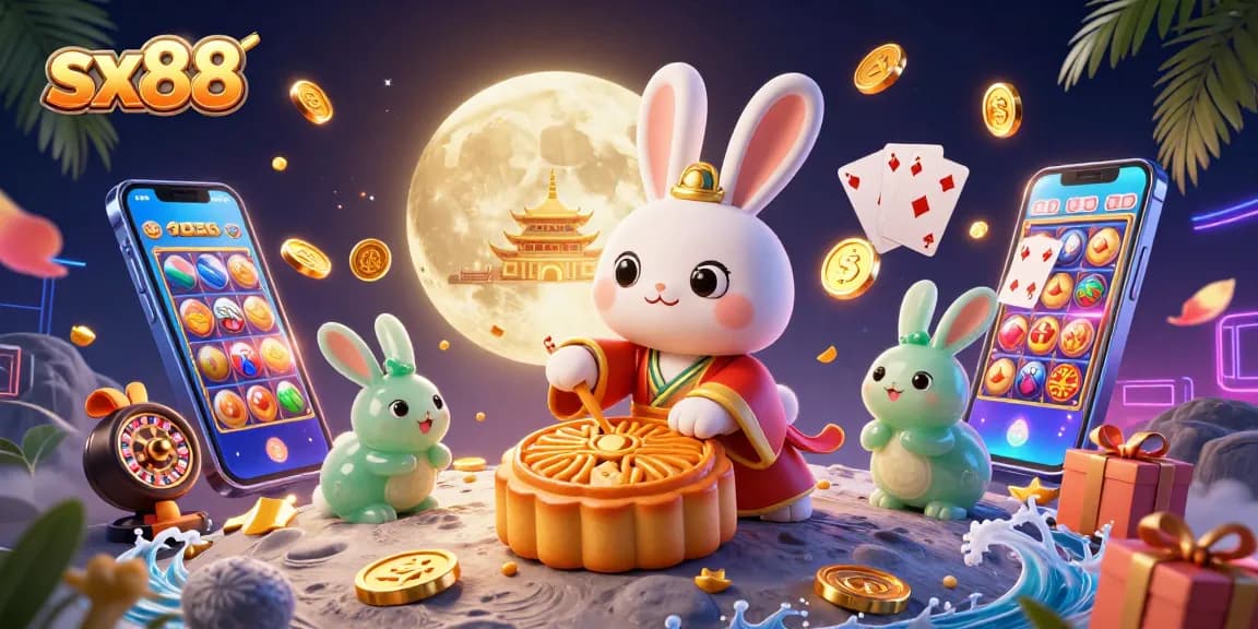 Experience excitement at sx88 as the moon rabbit reveals poker chips, amidst casino treasures.