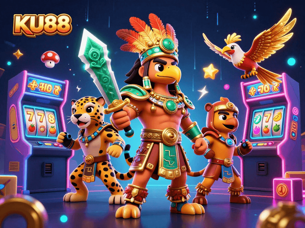 Engage with KU88's vibrant casino world featuring Aztec warriors, gaming icons, and colorful slot reels.