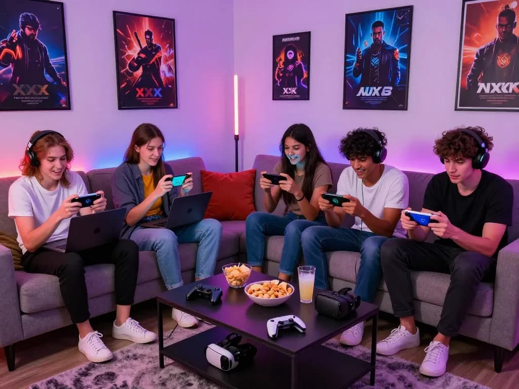 Friends enjoying xxx games in a vibrant gaming lounge with portable devices.