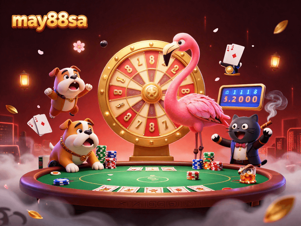 may88sa showcases an exciting casino scene with a flamingo host and a jubilant bulldog contestant.