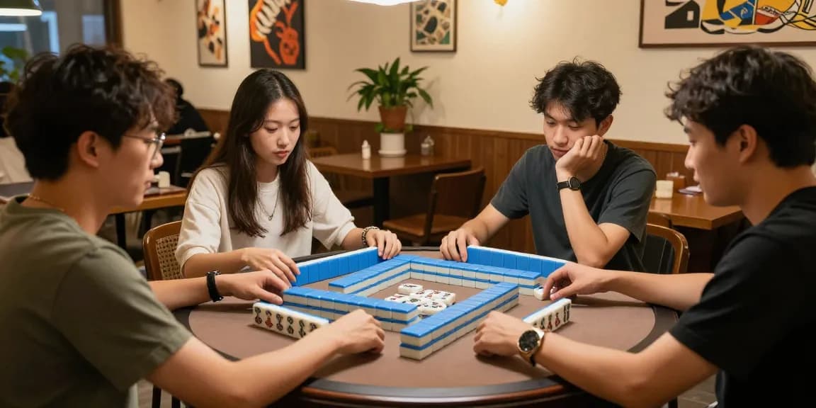 Engaged gamers at https://hm88.cafe/ enjoying a lively mahjong game in a vibrant cafe.