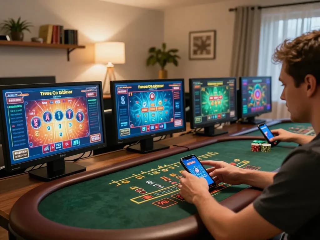 Engaging in online gaming at https://da88at.com/ with live dealer blackjack on multiple screens, showcasing strategic betting.