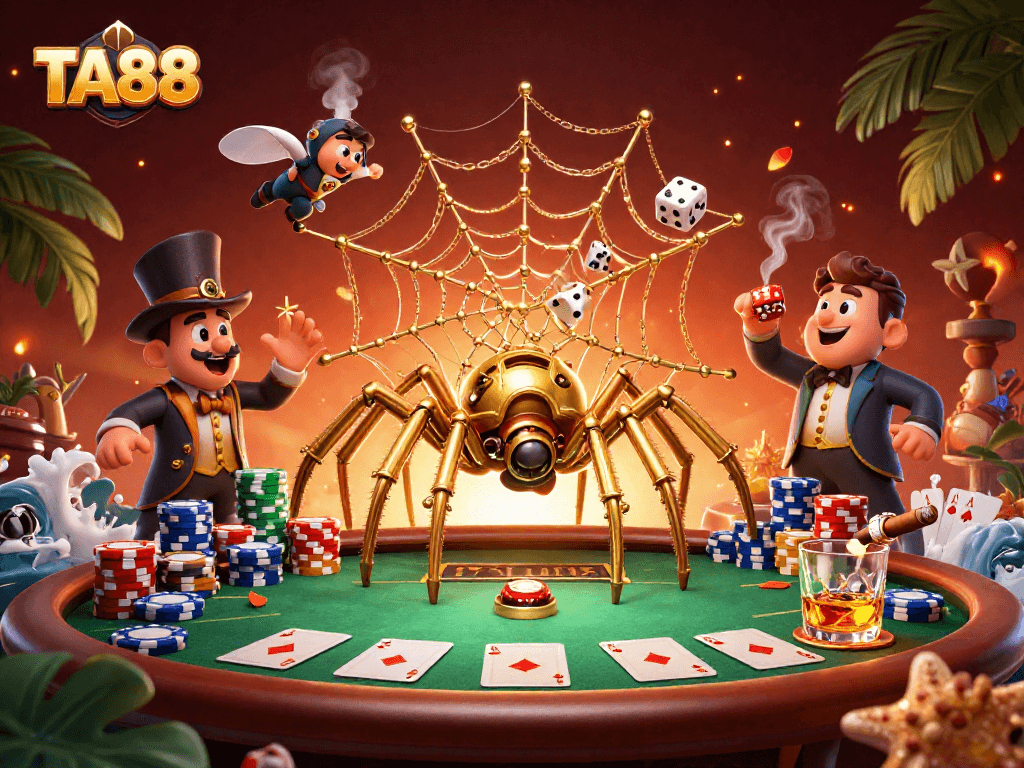TA88 showcases a captivating steampunk spider weaving a lucky poker web in a vibrant casino scene.