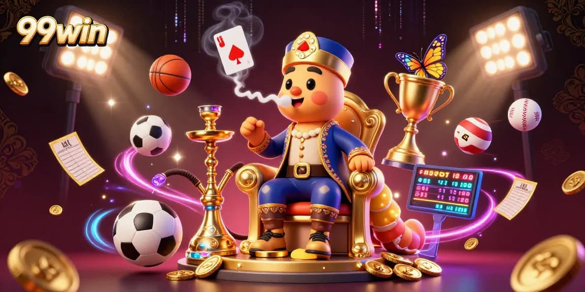 Bet on 99win with vibrant casino-themed artwork featuring dynamic sports elements and a caterpillar master.