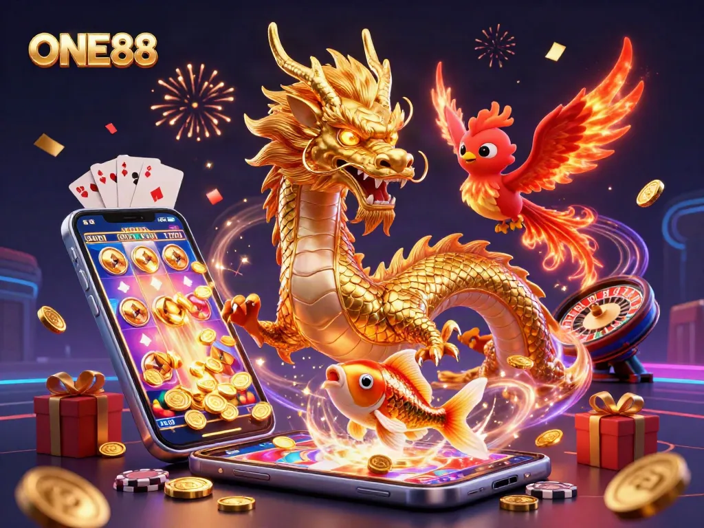 Engage with exciting gambling at ONE88 featuring a golden dragon, phoenix, and koi fish amidst thrilling casino elements.