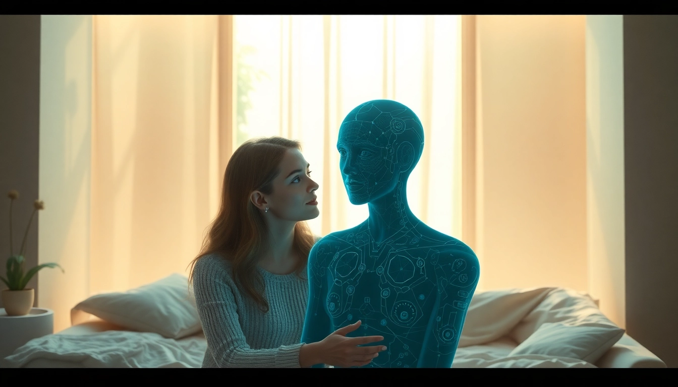 Emotional connection with a girlfriend AI in a futuristic environment.