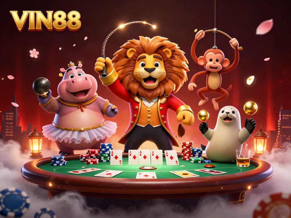 VIN88 showcases a vibrant casino scene with characters engaging in dynamic card play and gambling.