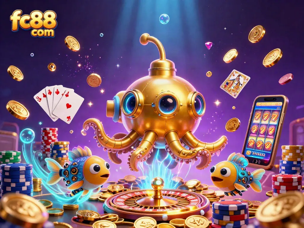 Experience excitement at fc88 com with a vibrant casino scene featuring a golden kraken and sparkling gems.