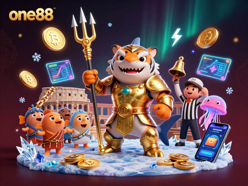 Engage in the thrilling world of one88, featuring a fierce shark in gladiator armor in a dynamic underwater colosseum.